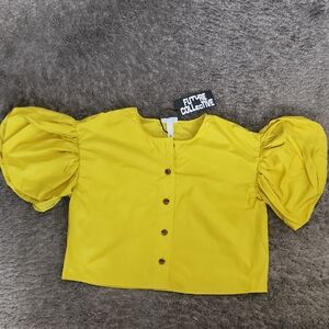 NWT Future Collective Yellow Puff Sleeve Button-Front Top Size Large